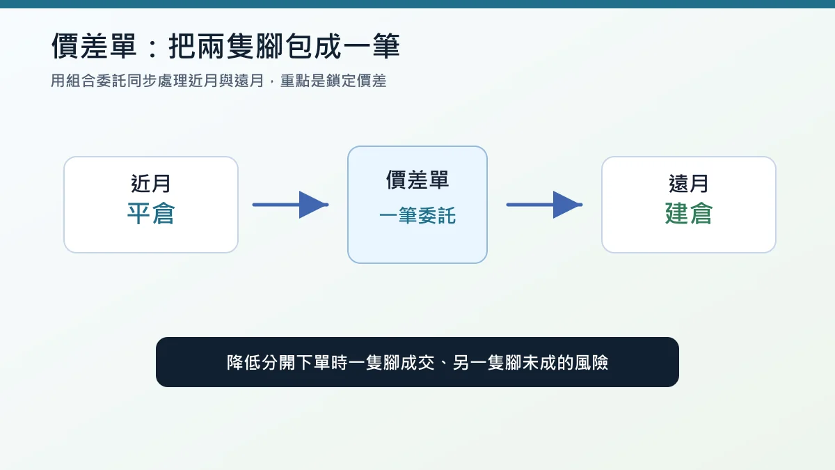 股票期貨轉倉教學:換月時機、價差計算與操作步驟 6 股票期貨價差單操作圖:一筆委託同步處理近月與遠月