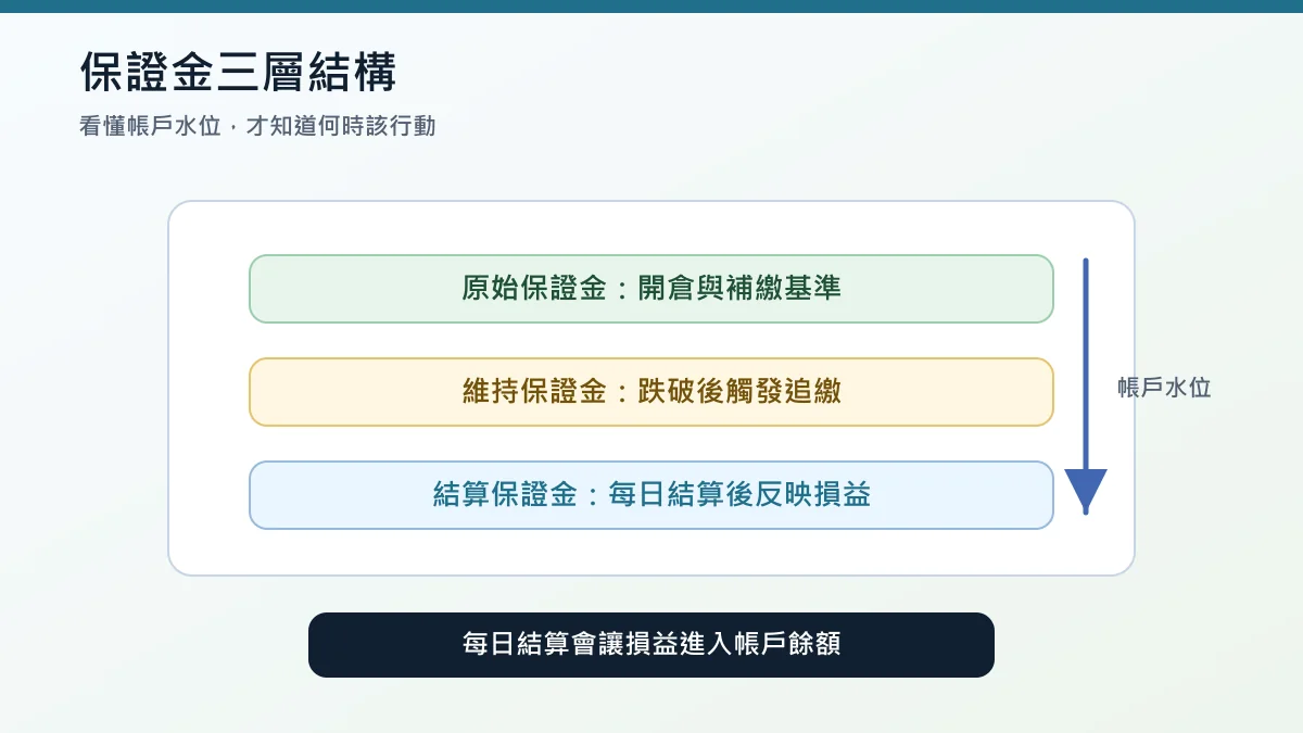 股票期貨保證金三層結構圖：原始保證金、維持保證金、結算保證金