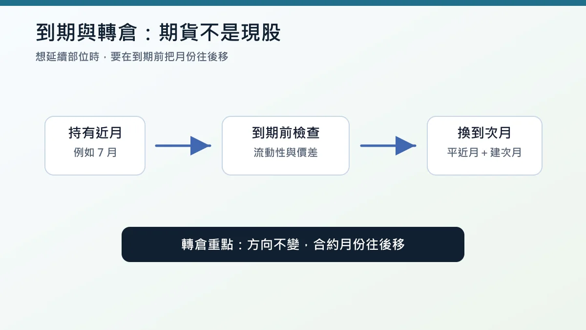 小型台積電期貨到期與轉倉流程圖：持有、到期前檢查、平近月、建次月