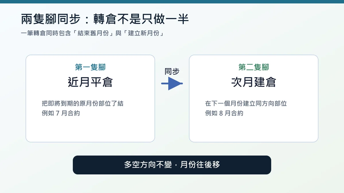 期貨轉倉兩隻腳同步操作圖：平近月與建次月同時完成