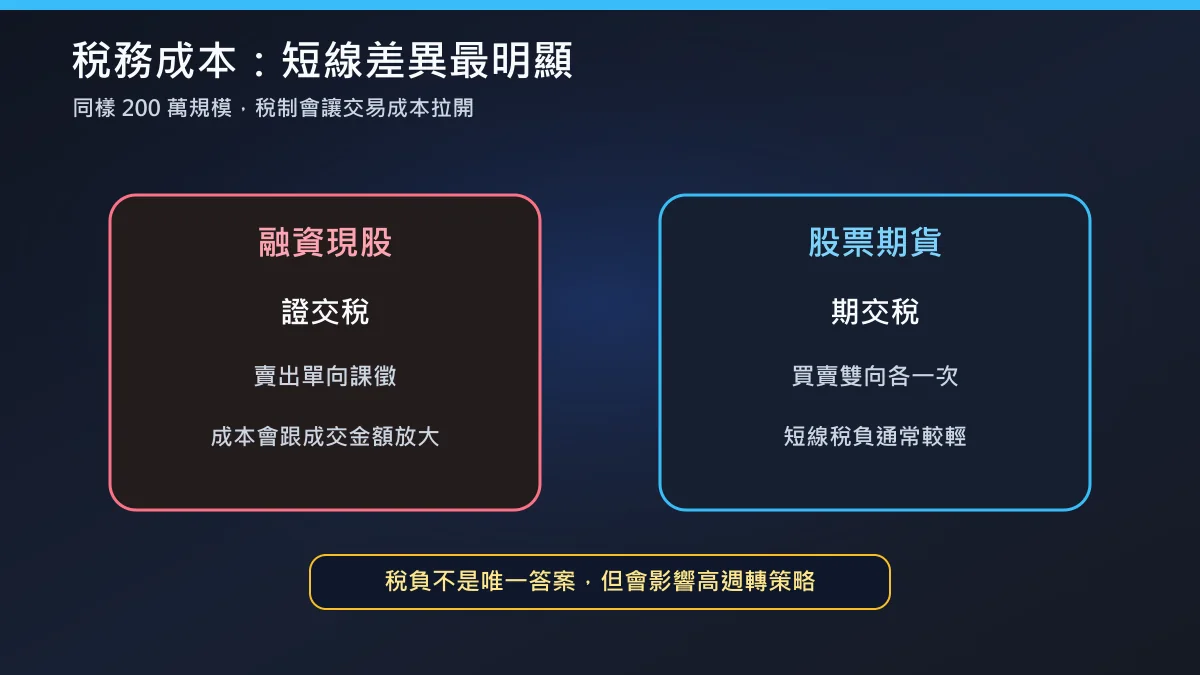 股票期貨和融資,哪個槓桿成本更透明?稅務與機制全面比較 5 股票期貨與融資稅務成本對比圖:證交稅與期交稅