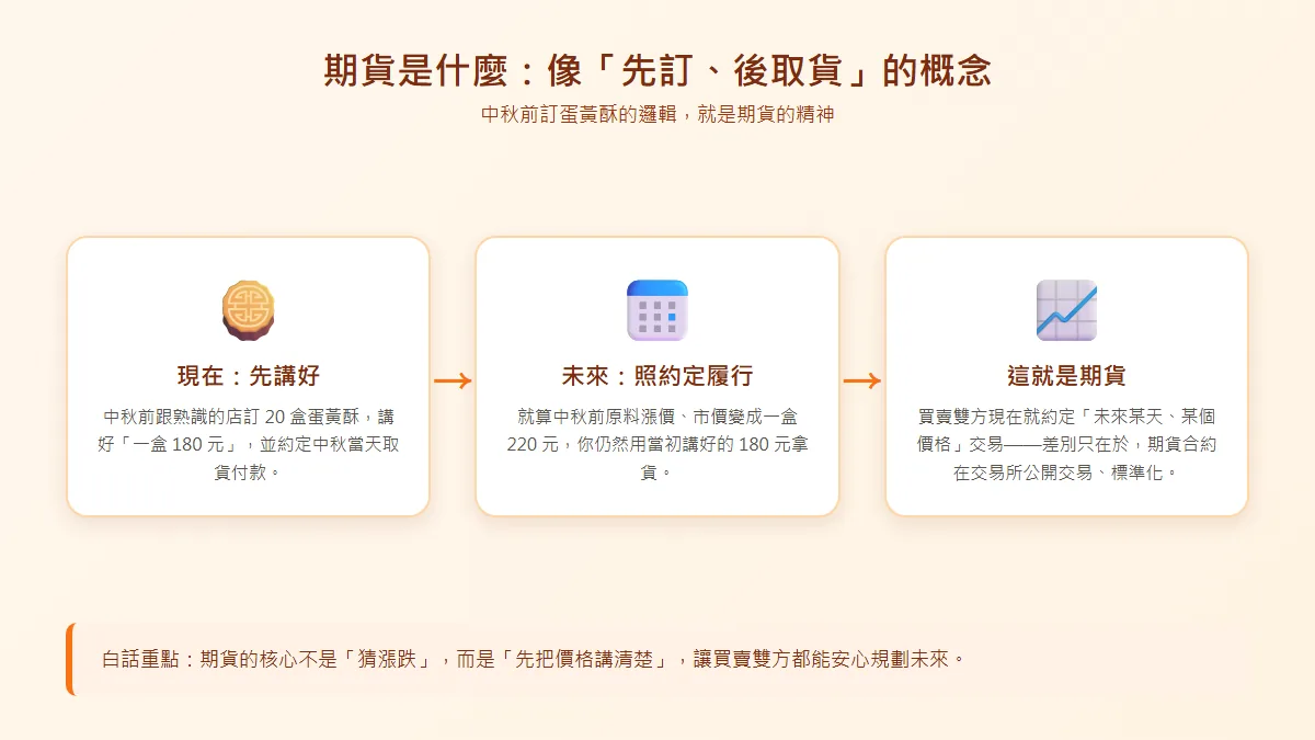 期貨是什麼:先訂蛋黃酥再取貨的概念圖,對照期貨先講好未來價格的精神